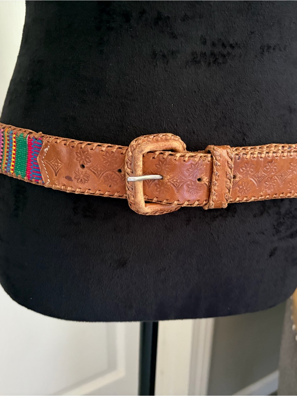 Handcrafted Brown Leather Belt with Multicolor Woven Accent